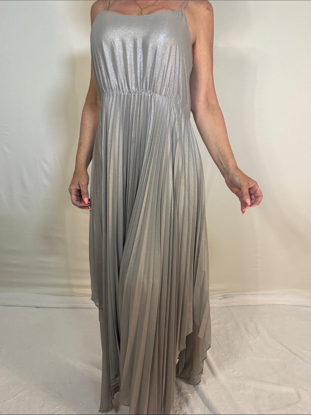 ALLSAINTS SILVER PLEATED MAXI DRESS SZ L - Picture 2 of 8